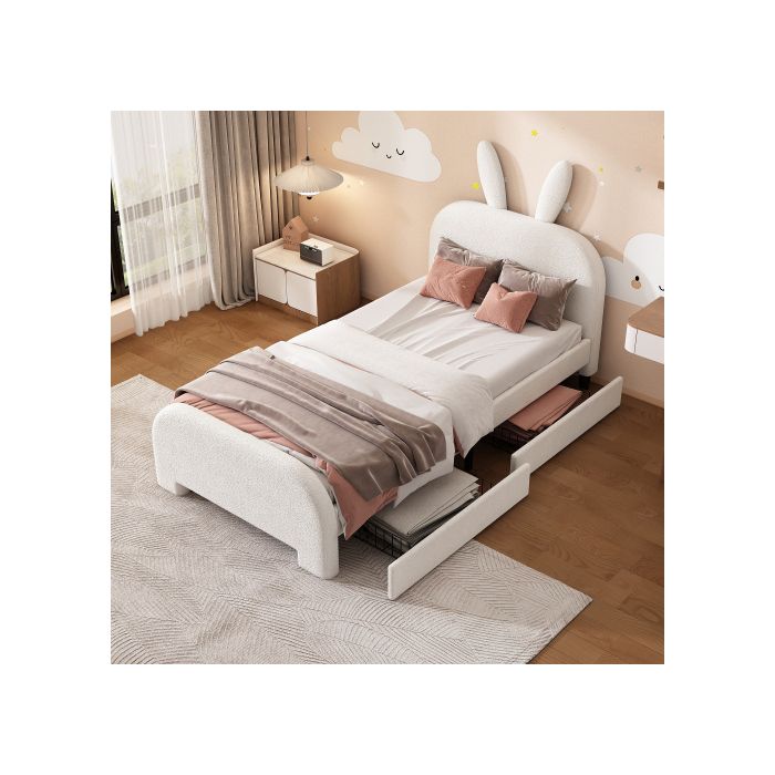 Lit Enfant - MUVOE - 90x200cm - Rembourré - Tiroirs De Rangement - Design Lapin