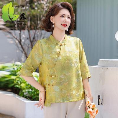 Stylish Summer Chinese-Style Top for Women Aged 40-60: Short Sleeve, Simple Elegance