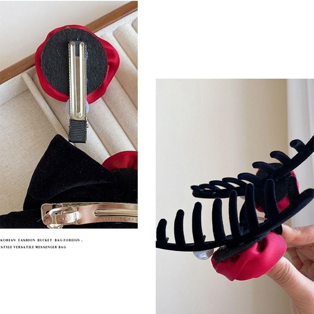 Grab Clip Velvet Bow Hair Claw Pearl Velvet Headband Fashion Red Rose Hair Clip Female