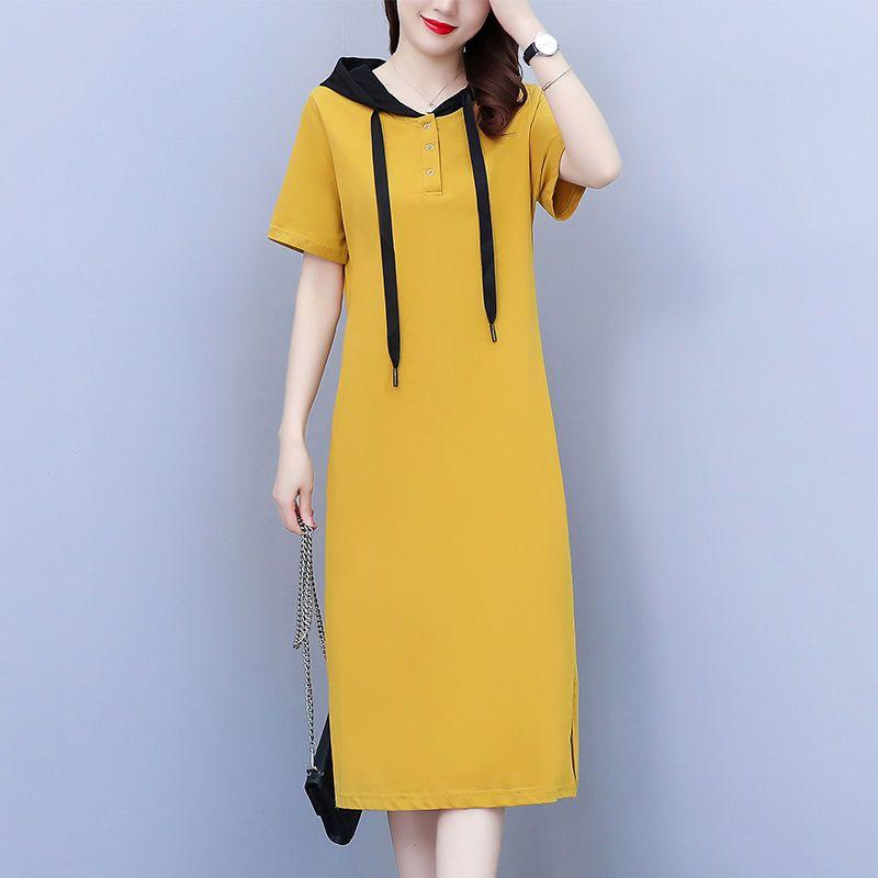 Summer Women Hooded Dress Long Loose Fit Casual Slimming Elegant Youthful Knee Length Short Sleeve