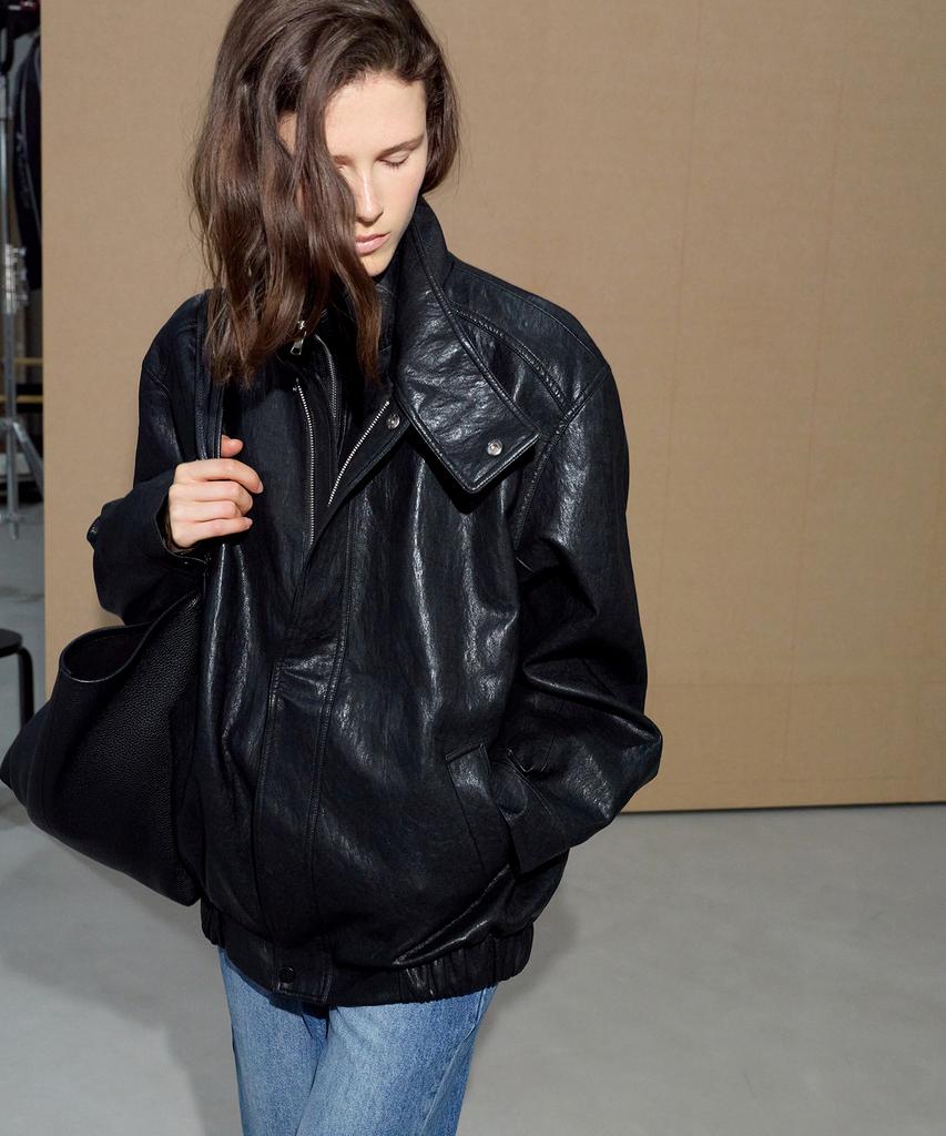 LEVAR Layered Collar Leather Jacket - Black