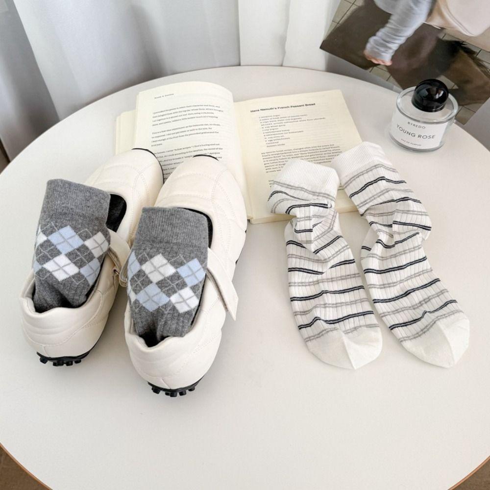 Korean Style Mid-calf Socks Grey Checkered Boneless Pile Socks New Cotton Socks Spring Summer