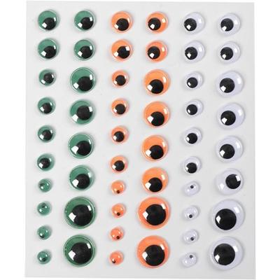 Sheet of Round Self-adhesive Eyes In 5 Sizes and 3 Different Colors, with Black Moving Pupils Behind Plastic