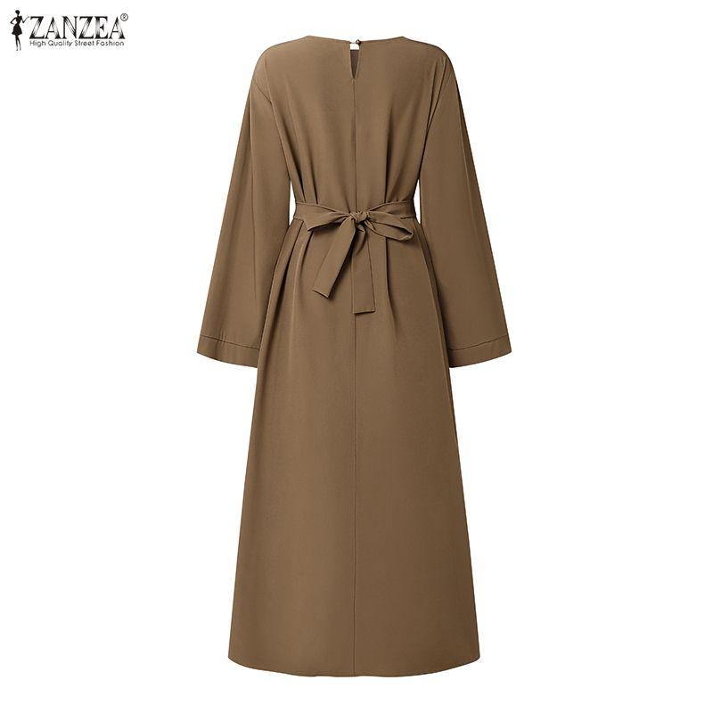 ZANZEA Women Casual Round Neck Solid Color Long Sleeve Loose Muslim Dress