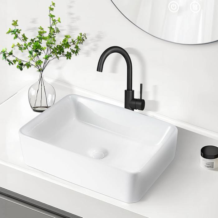 Lavabo à poser - NETTLIFE - Vasque carrée - Céramique blanc - 48x37x13,5 cm - Effet lotus