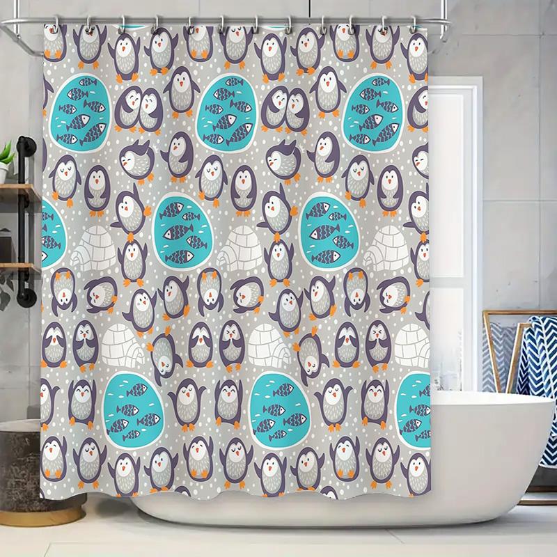 

Cute Penguin Shower Curtain Waterproof Farmhouse Bathroom Decor Set Blue Gray Modern Coastal Ocean Animal Pattern Fabric Backdro W60H190(CM)-1 Pcs