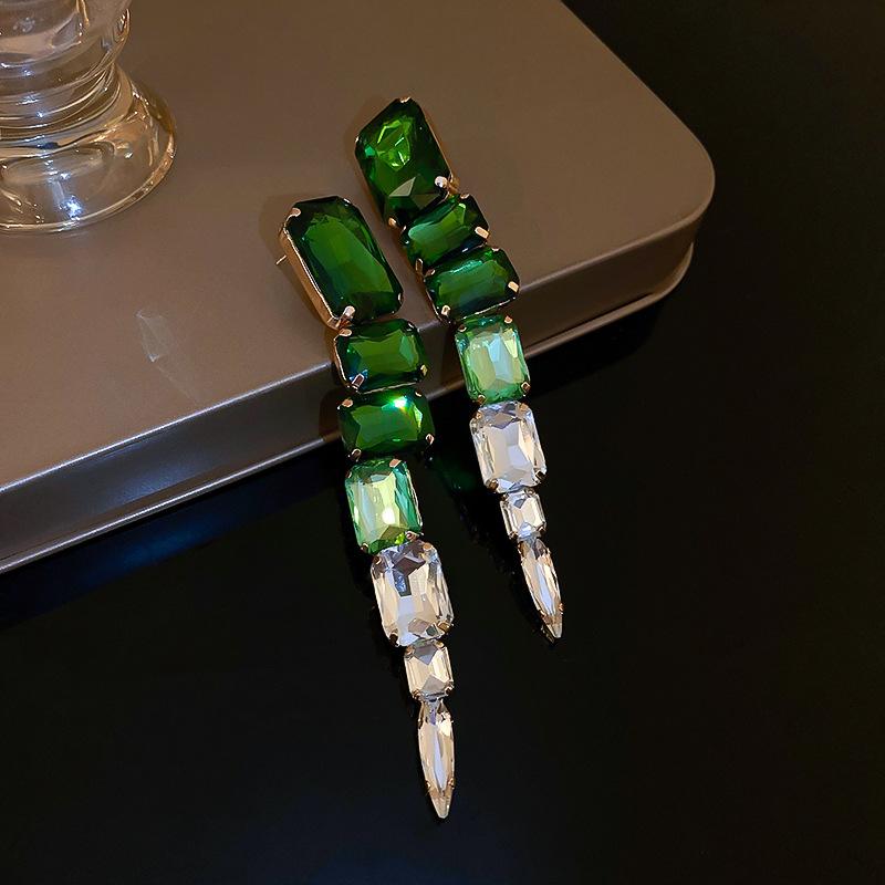 Long Tassels Square Green Crystal Drop Earrings Hyperbole Oversize Dangle Earrings For Women Banquet Jewelry Gifts