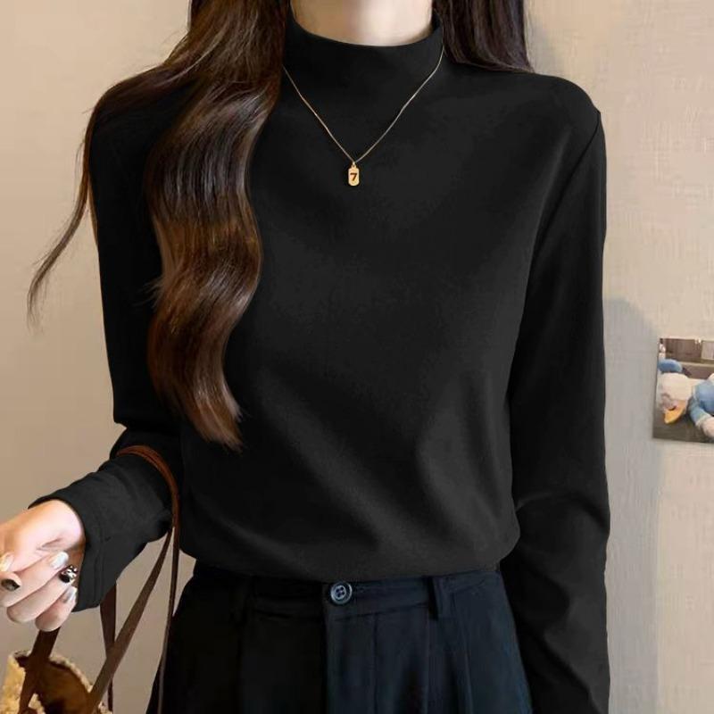 

Autumn Winter Half High Collar Vintage Bottomed Tee Women Long Sleeve All-match Bottomed T-shirt Pullover Top M чорний