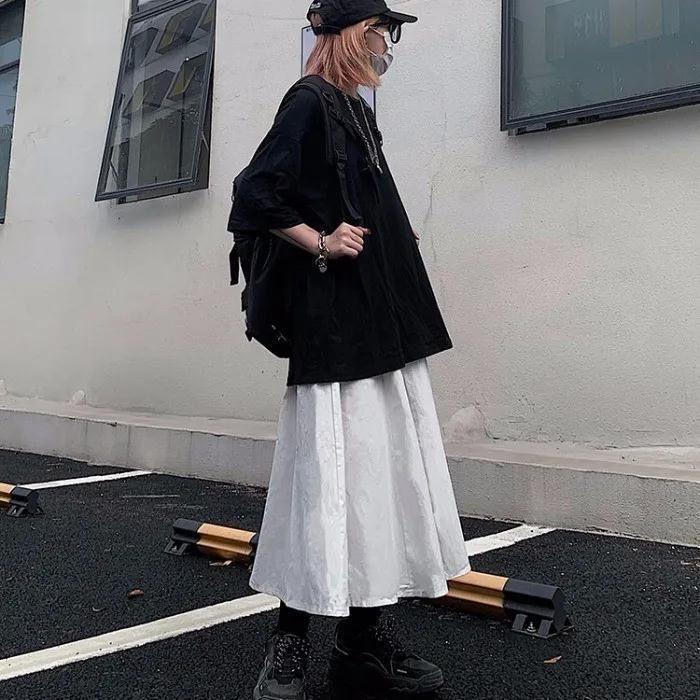 Damkjol i plusstorlek, japansk bruksmodell, midilängd - Harajuku konstnärlig A-linjekjol med hög midja och paraplyform, med vintagekänsla