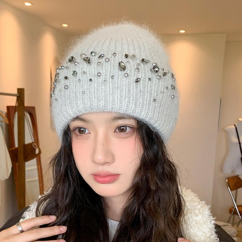 Knitted Hat Women's Winter Thickened Warm Ear Protection Hat Rhinestone Wool Hat Winter Hats for Women, Beanies for Women, Hats for Women Winter