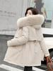 Autumn Winter Coat Women Beige Add Wool Thick Warmth Fur Hooded Parkas Jacket 2026 New Fashion Belt Slim Cotton Coat