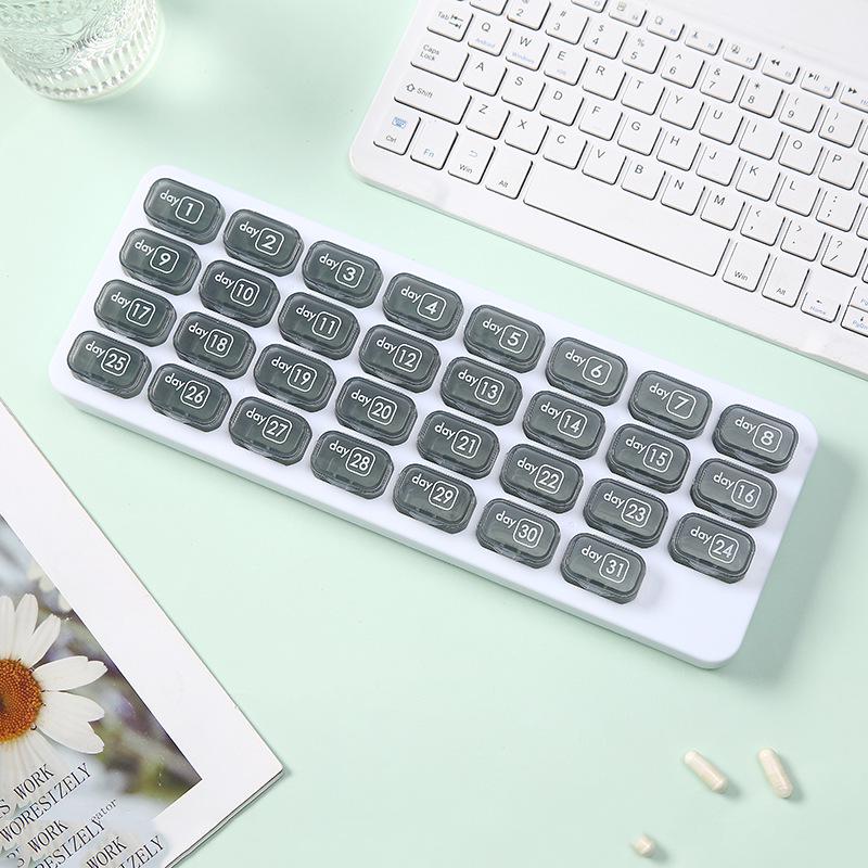 31-Compartment Waterproof Keyboard-Style Pill Organizer, Removable Dividers, Monthly Portable Storage