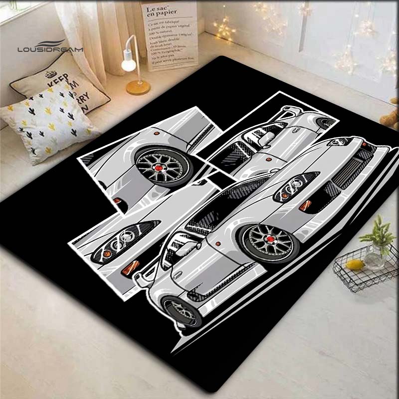 White JDM Sport Car Comic Collage Print Area Rug Non‑Slip Rectangular Floor Mat Car Fan Decor for Gaming Room Living Bedroom