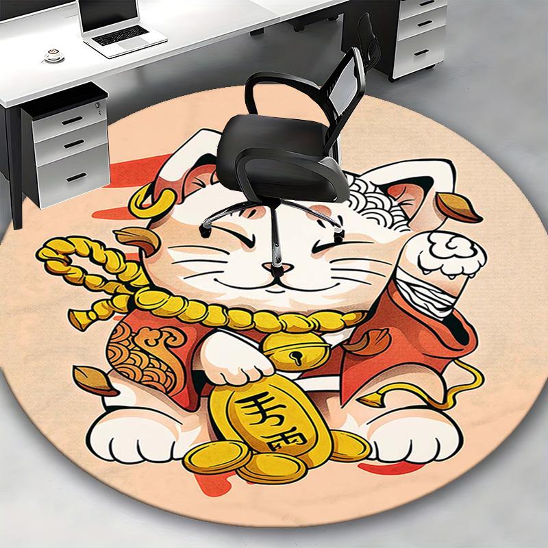 1pc Anime Cat with Gold Coin Round Carpet - Office Chair Mat, Non-Slip Rug for Home Decor, Seasonal Gift, Suitable for Office, Living Room
