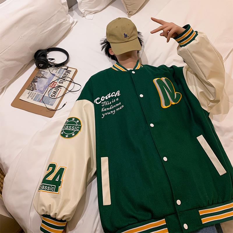 

Мужская бейсбольная куртка в стиле ретро пэчворк: Осенняя повседневная хип-хоп уличная одежда для пар XXL зелёный