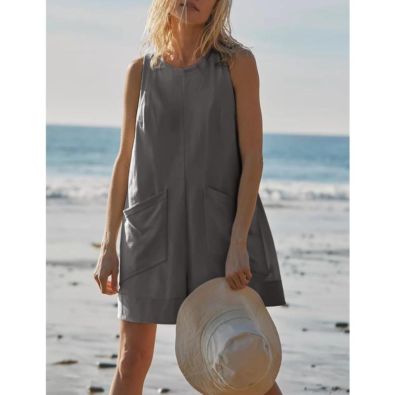 Casual Jumpsuit Summer Loose Sleeveless Pocket Body Shorts Women