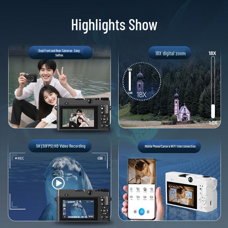 5K HD Mirrorless Digital Camera with Flip Screen, 18x Zoom, WiFi, Selfie, and Beauty Mode.