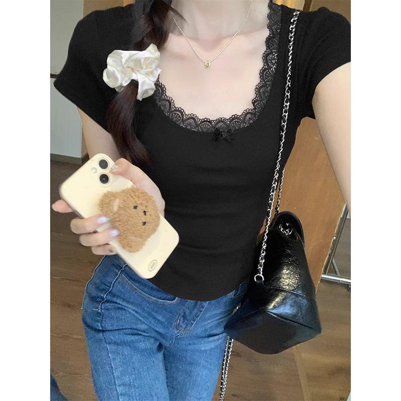 Dorință pură stil dulce și picant tricou cu mânecă scurtă cu dantelă cu fundă pentru femei vară subțiere și versatil top scurt șic