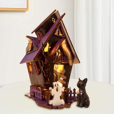 Kit de Rompecabezas de Madera 3D Rompecabezas de Madera DIY Modelo de Casa Encantada Halloween Iluminado