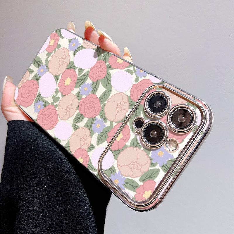 Large Windows Suitable for Apple 12PRO Electroplated Flower Mobile Phone Case IPhone 15XSMAX Protective Case Anti Fall Oil Painting