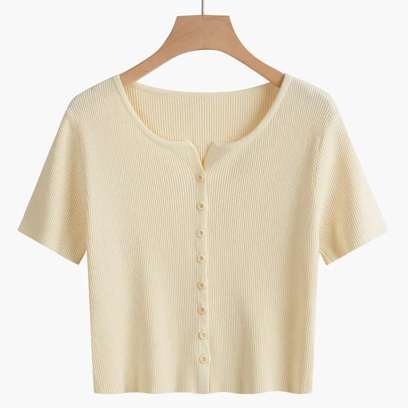 V-neck Short-sleeved Knitted Cardigan Thin T-shirt Women's Slim Short Tops
