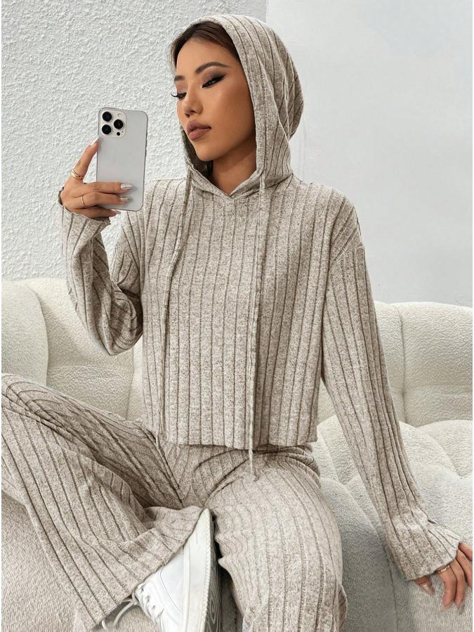 Set nou pentru femei, casual, cu pulover tricotat cu glugă cu dungi și pantaloni largi cu mâneci lungi pentru primăvară/toamnă