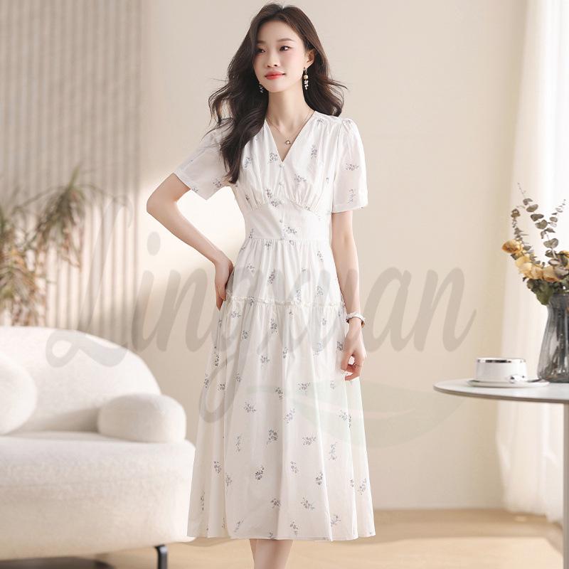 Elegant French Floral Print Summer Tea Dress for Women, Slim Black Long Skirt Small
