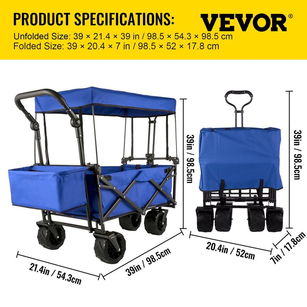 Collapsible Wagon Cart, Foldable Wagon Cart w/ Removable Canopy 600D Oxford Cloth, Collapsible Wagon Oversized Wheels Portable Folding Wagon