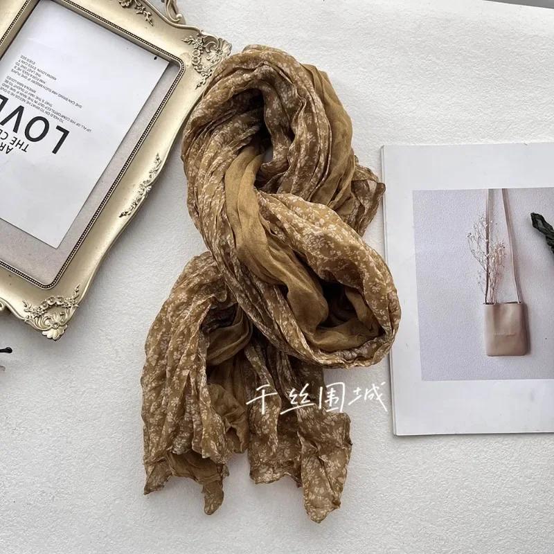 New Artistic Floral Retro Pleated Cotton Linen Scarf Thin Versatile Women's Scarves Paired Clothing Autumn Winter Fashion Trend