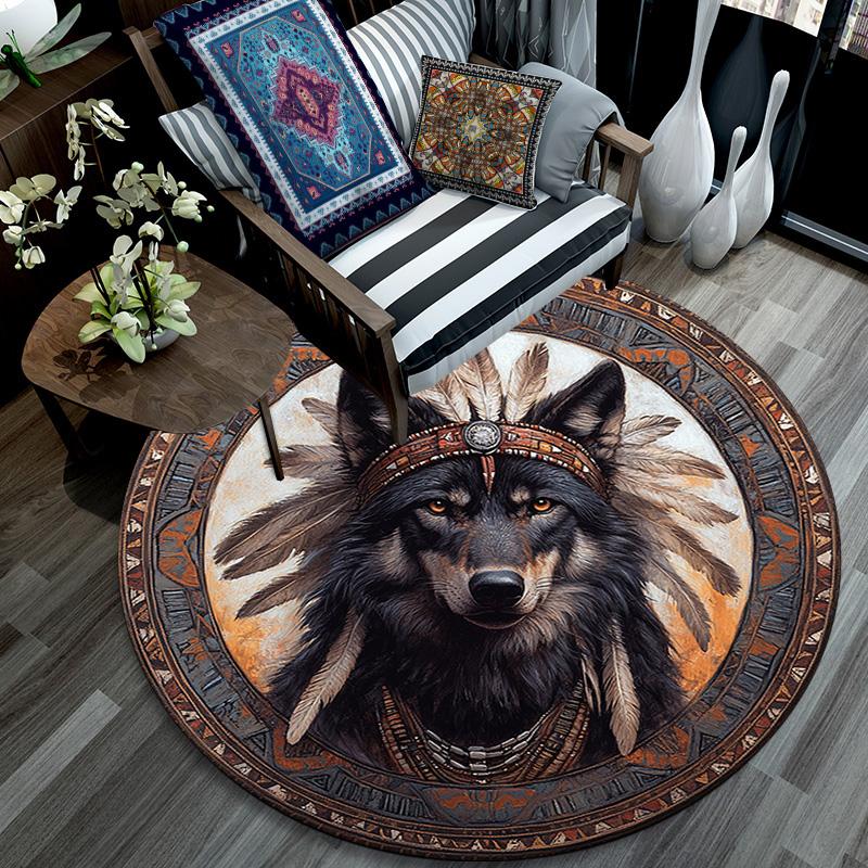 Wolf Chief Round Area Rug,Carpet Rug for Living Room Bedroom Sofa Playroom Decor,Non-slip Floor Mat