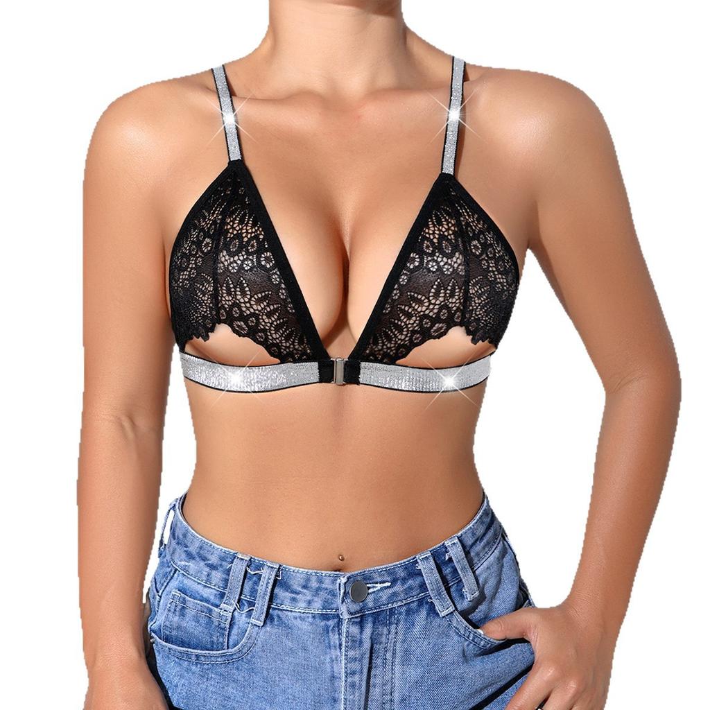 Lace Sheer Front Closure Glitter Strap Bralette
