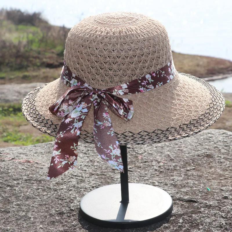 WTEMPO Hollow-out Spring Summer Knitted Foldable Sunscreen Hats Female Solid Color Wide Brim Travel Beach Breathable Sun Hats with Printed Bow