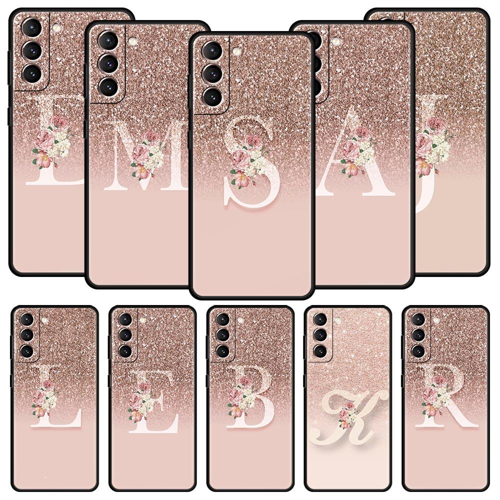 Letter Pink Shiny Phone Case For Samsung Galaxy S26 Ultra S25 Plus S24 FE S23 S22 5G S21 S20 Cover Black Soft