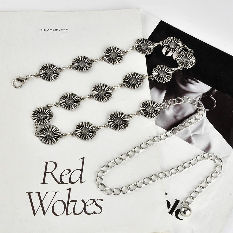 Retro Sunflower Metal Waist Chain Women's Personality Niche Versatile Dress Decorative Ancient Silver Belt Women
