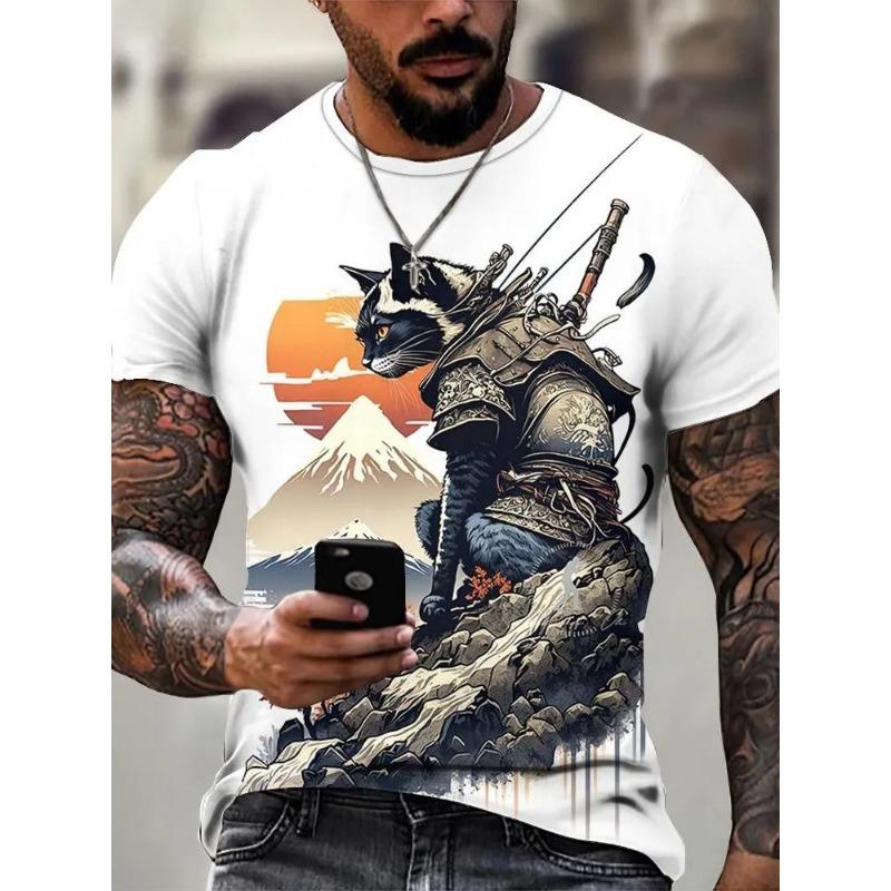 Men's Shirt Style Samurai Cat Graphic 3D Printed T-Shirt Casual Short Sleeved Tee Ersized Men Clothing Tops