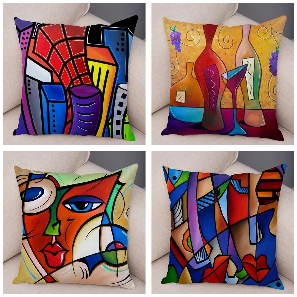 Abstract Painting Cushion Cover Decoration Nordic Style Colorful Cartoon Girl Pillowcase Sofa Home