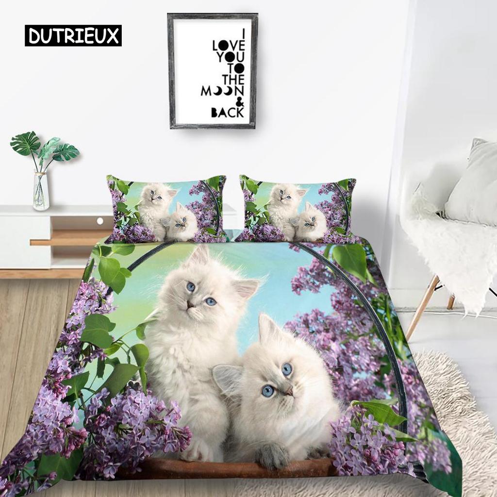 Cat Duvet Cover Set King Size Microfiber Cute Animal Print Girl Teen Kid Comforter Cover Lovely Kitty Series Pattern Bedding Set