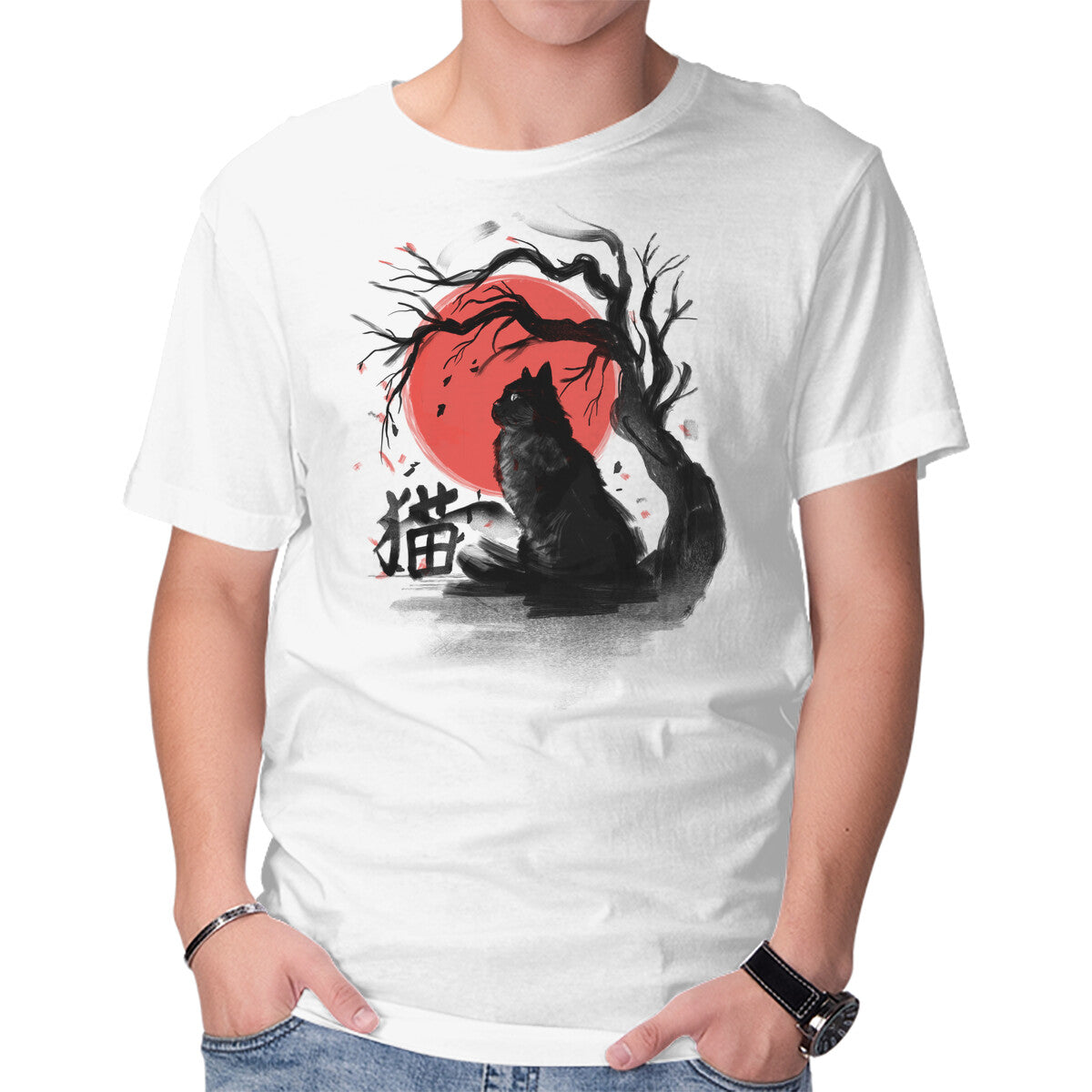 Unisex Crew Neck T-Shirt Black Cat Kanji Graphic Short Sleeve Casual Tee L