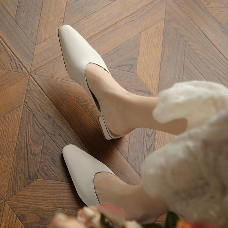 Flat-bottomed Bag Head, Half Slippers, Women's Summer Wear Thick Heels, Soft Leather One-word Drag, Women's Pointed Mueller Shoes, Square Head,