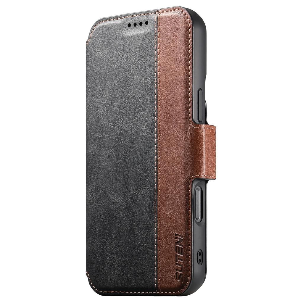 SUTENI Q-07 For iPhone 16 Plus Case Magnetic Color Splicing Cowhide Texture Leather Cover