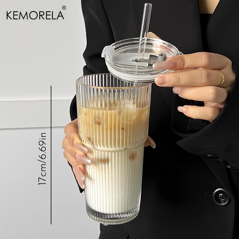 1pc/2pcs 20oz Ribbed Glass Tumbler with Lid & Glass Straw, Reusable Machine-Washable Drinking Cup for Iced Coffee, Smoothies, Juice & Cocktails