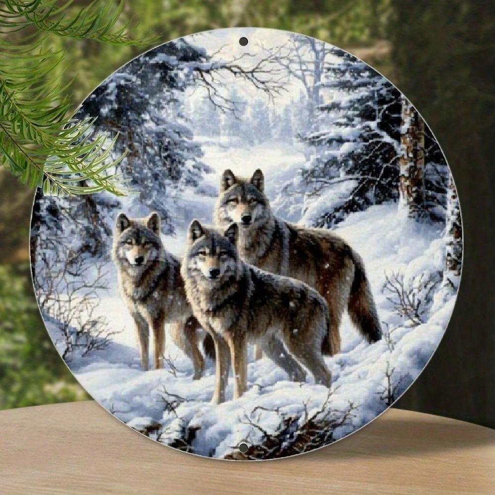 Vintage Wolf Aluminum Sign, Round Metal Wall Art Plaque for Home Bar Cafe Garden Decor