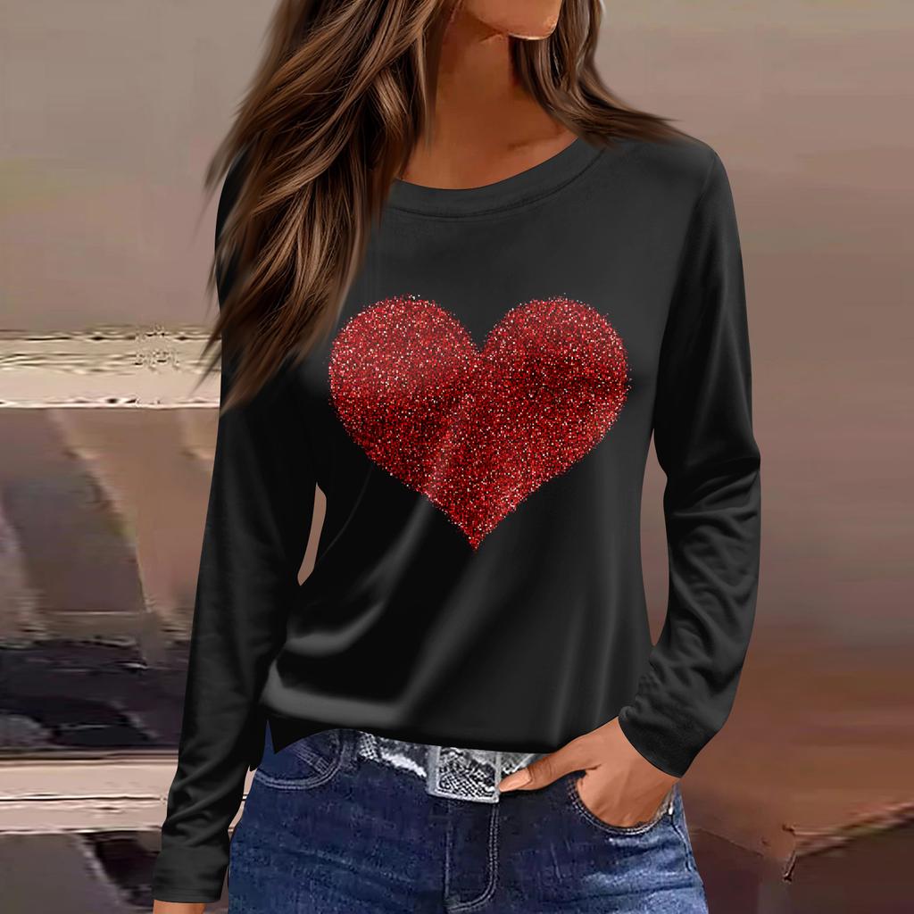 Women's Fashion Casual Slit Hem Round Neck Long Sleeve Loose  Printed T-Shirt Ladies Top