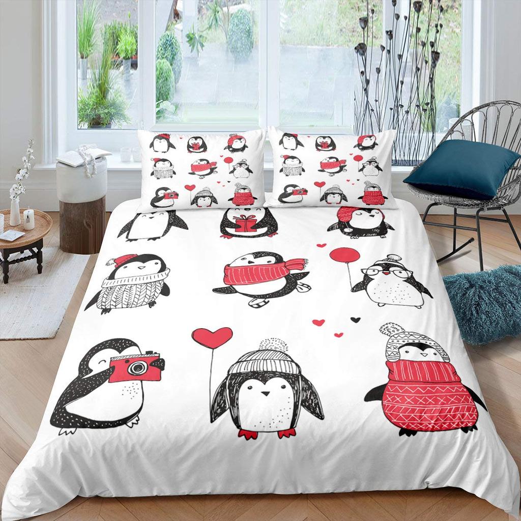 Penguin Comforter Cover Kawaii Animal Print Black White Little Penguin Duvet Cover Blue Iceberg Antarctica Winter Bedding Set