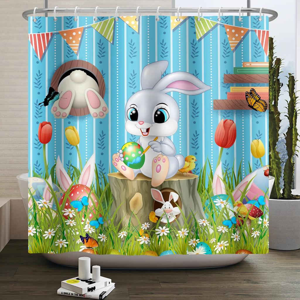 Spring Easter Shower Curtain Happy Rabbit Bunny Eggs Flower Garden Floral Holiday Waterproof Bathroom Shower Curtain With Hooks