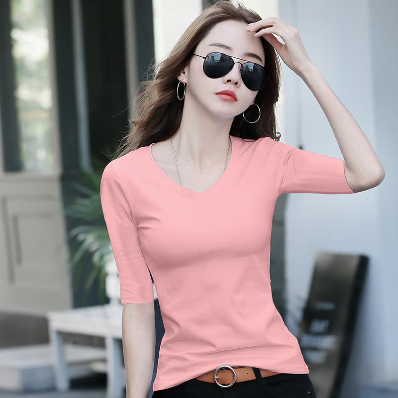 Women's T-Shirt Mid-Sleeve Women Bottoming Shirt with Half-Sleeve Woman T-Shirt Tight V-Neck Tops Tees