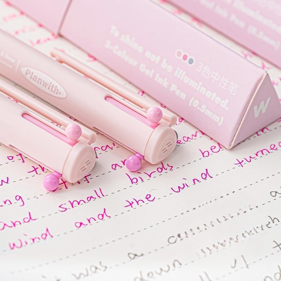1pcs Triangular Multi-color Pen, Planwith Sign Series 3 Colors 0.5mm Point Gel Pen Multifunctional Liner Marker School