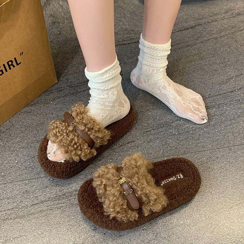 Retro Dicksohlige Flauschige Hausschuhe Damen Outdoor 2025 Herbst und Winter Koreanische Version Bequeme Lockige Hausschuhe Ein-Wort Baumwollschlepper Damen