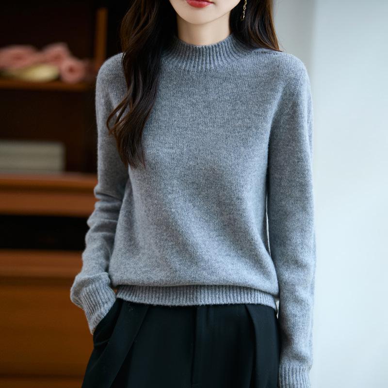 Women's Pure Color Wool Sweater - Half-High Collar, Loose Knit Pullover for Autumn/Winter