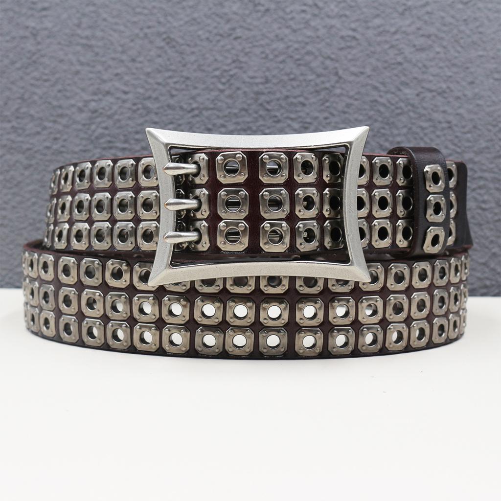 Robuster Punk Auto Auge Hohlniete Herren Rindsleder Gürtel Damen Drei-Dorn-Schnalle Japanisch Amerikanischer Motorradgürtel